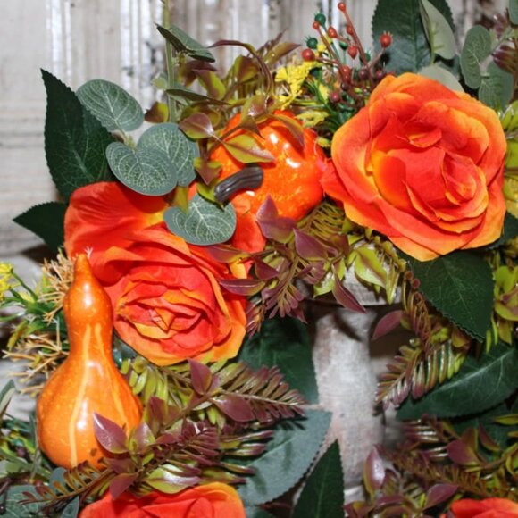 NEW 16" Floral Pumpkin & Gourd Farmhouse Fall Wreath - Picture 2 of 4